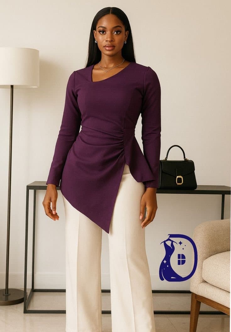Aubergine Asymmetric Ruched Peplum and Cream Trouser for the Quiet Power Move