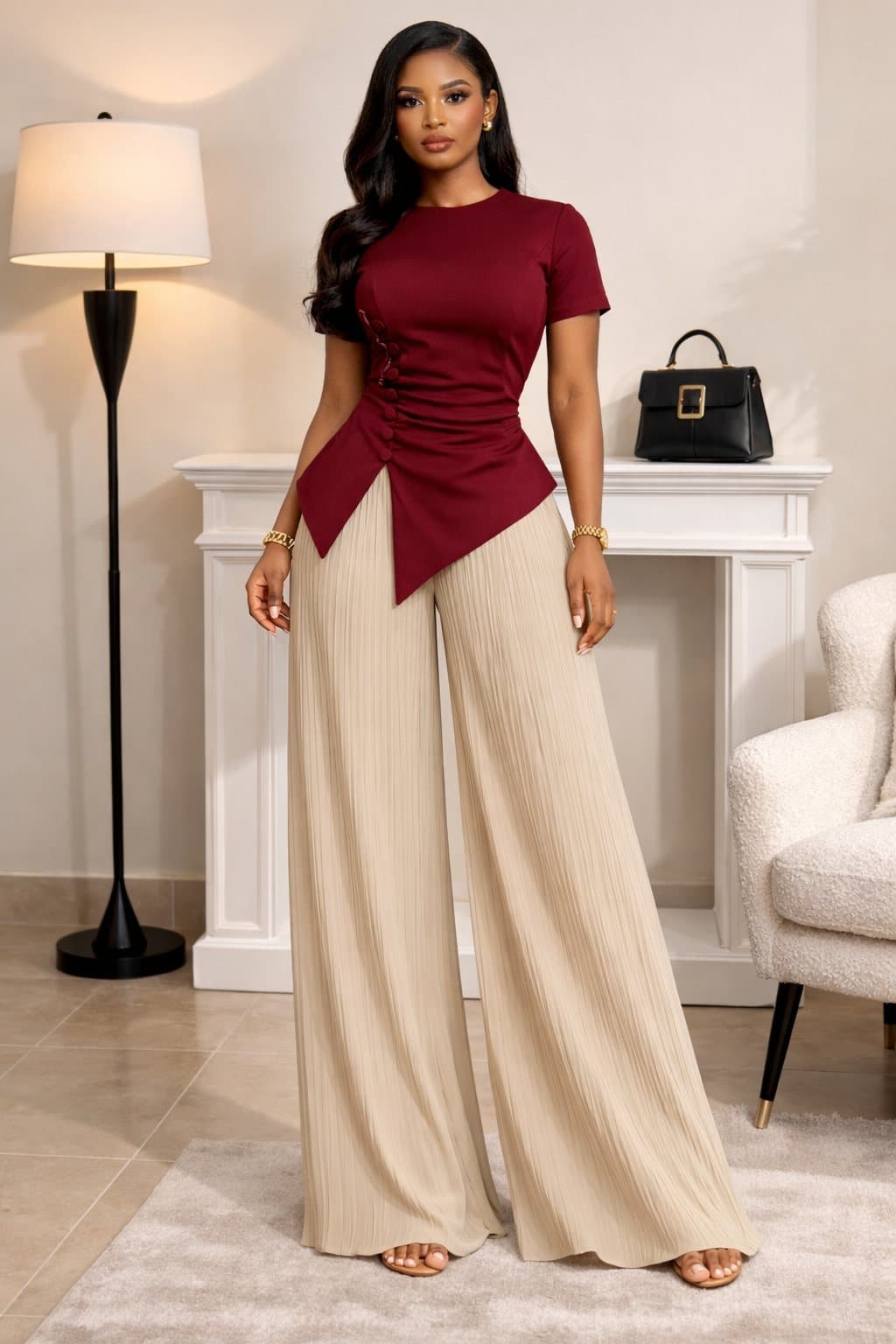 Burgundy Short Sleeve Peplum and Cream Trouser for the Off Duty Executive