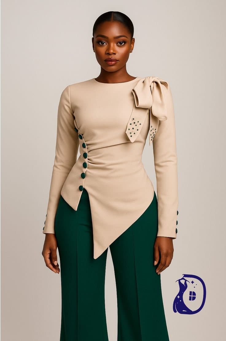 Champagne Bow Peplum and Forest Green Trouser for the Power Lunch