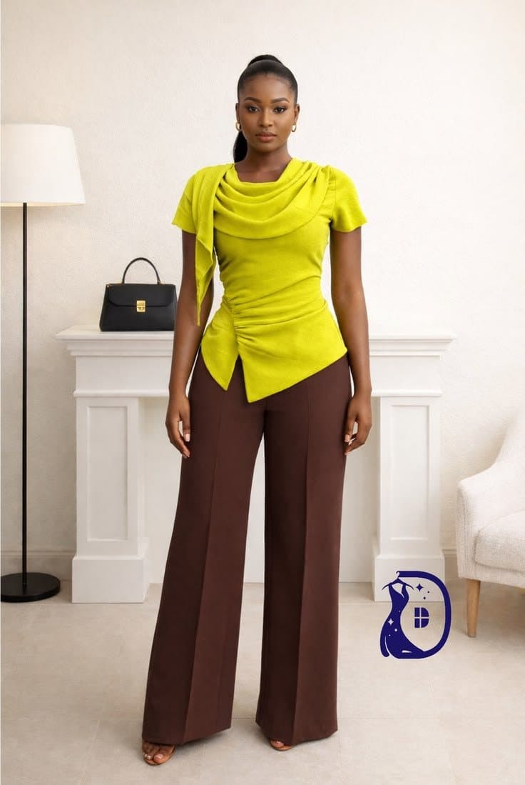 Chartreuse Drape Top and Espresso Trouser for the Slow Sunday