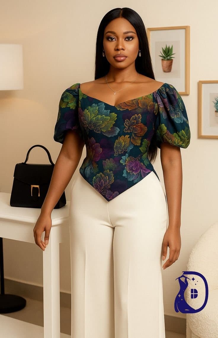 Jewel Floral Jacquard Puff Sleeve Top for the Garden Tea