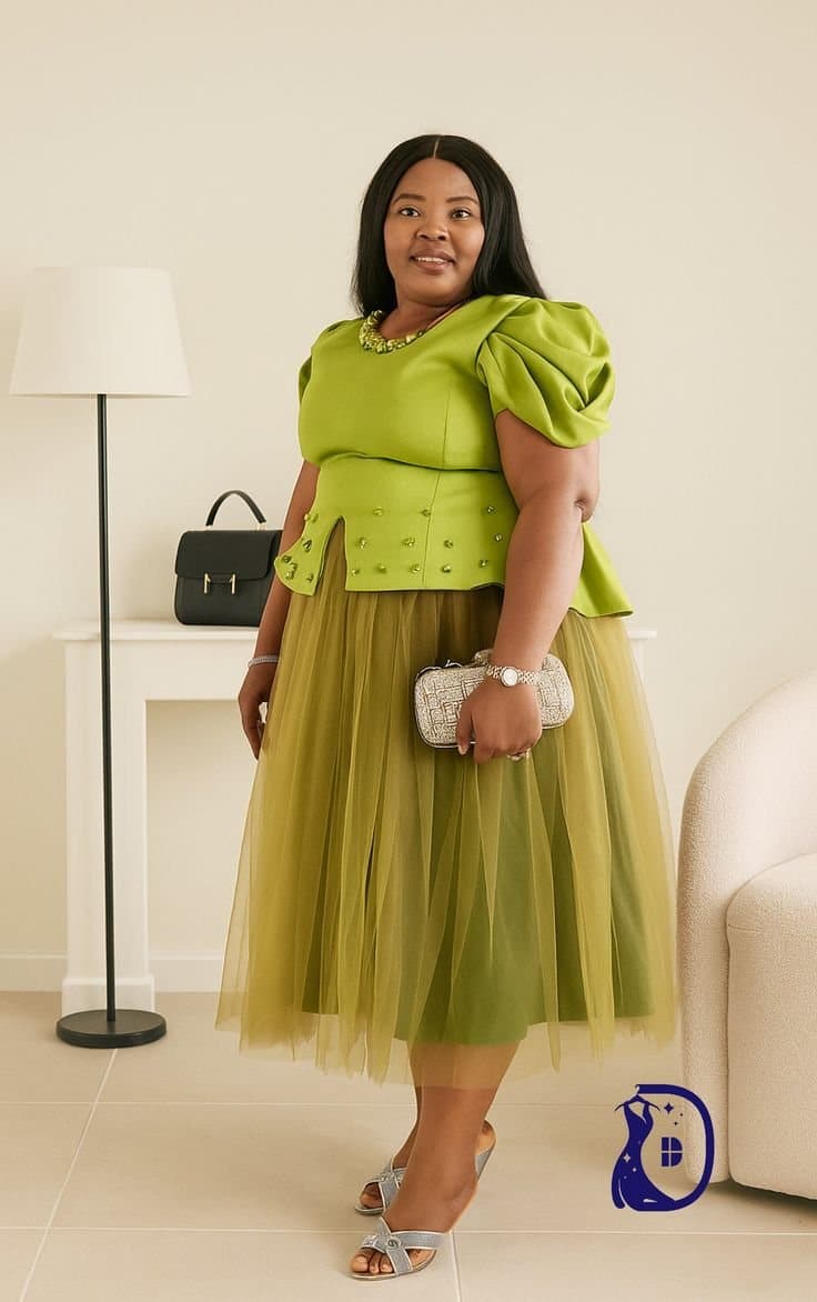 Olive Peplum and Tulle Set for the Polished Aso Ebi
