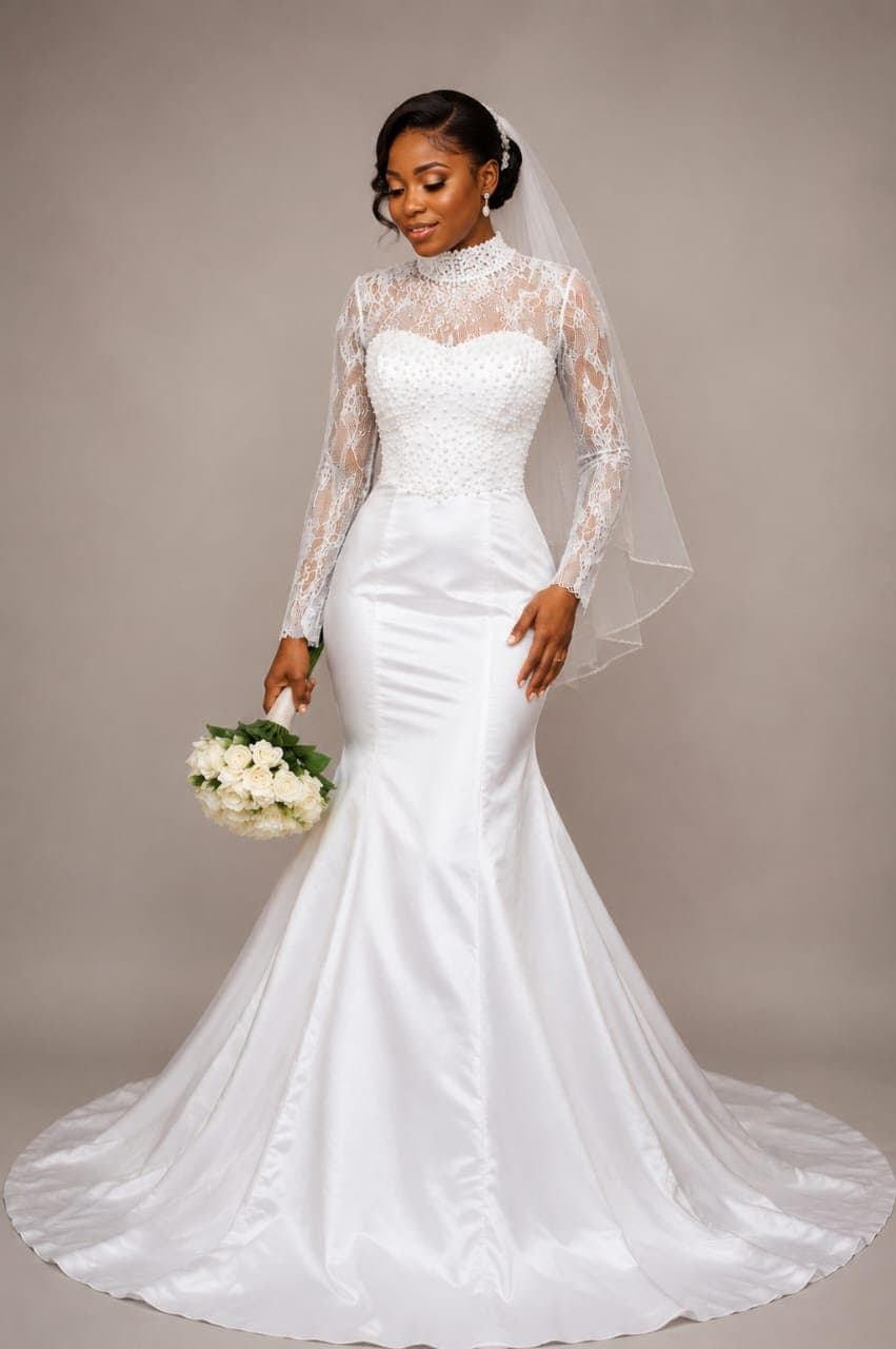 Pearl Bodice Lace Sleeve Mermaid Gown for the Classic White Wedding