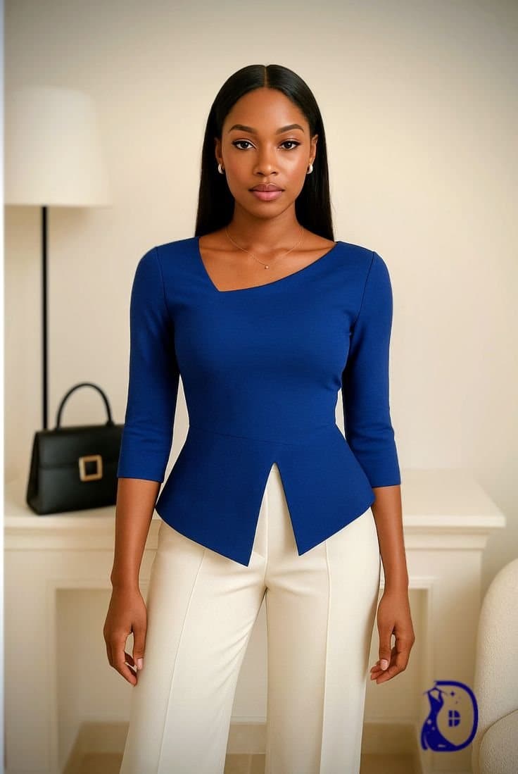 Royal Blue Asymmetric Peplum and Cream Trouser Set for the Power Brief