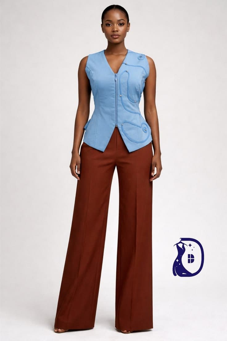 Sky Blue Embroidered Vest and Rust Trouser Set for the Quiet Tuesday