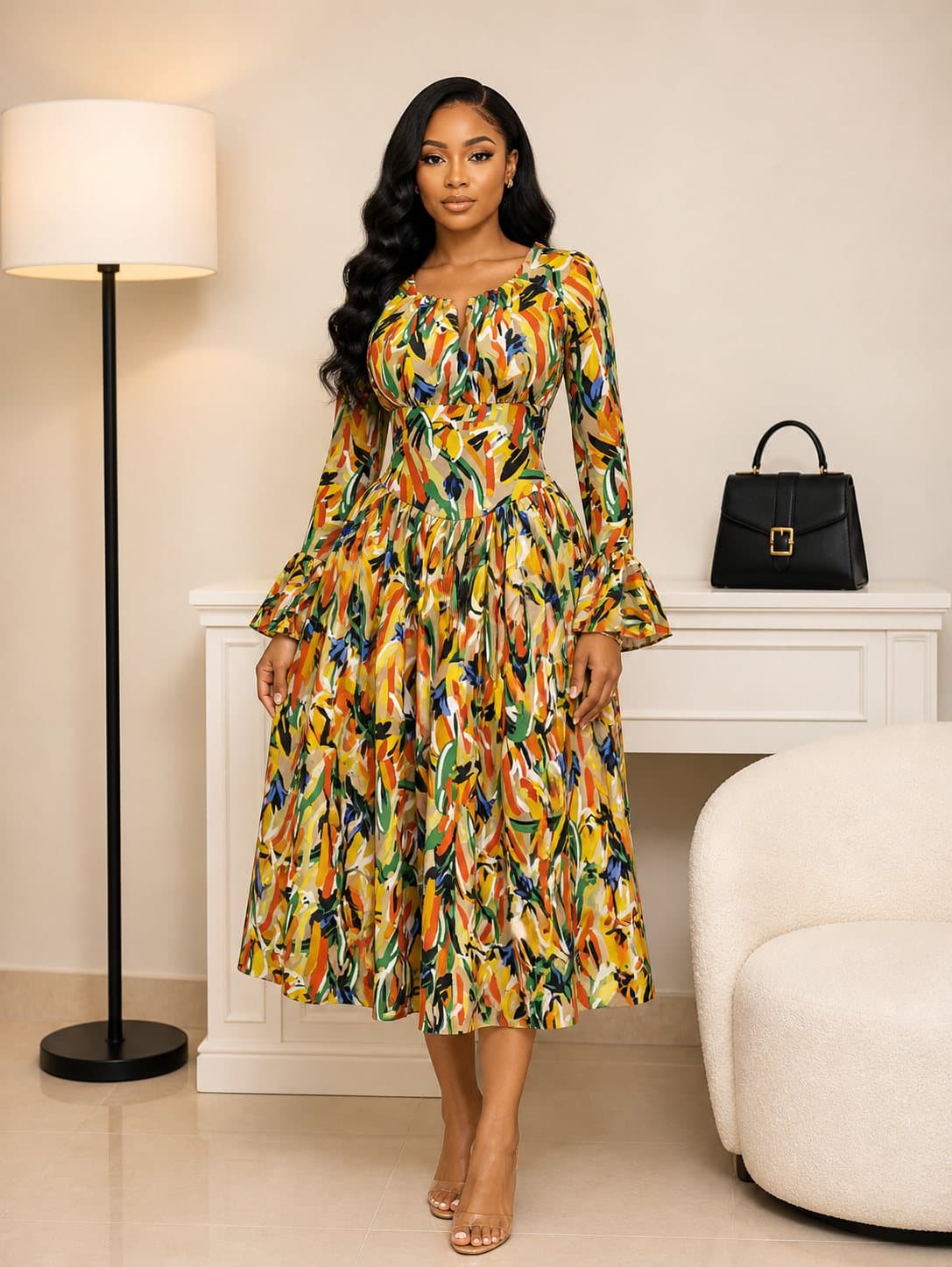 Sunset Abstract Print Bell Sleeve Midi Dress for the Sunday Brunch
